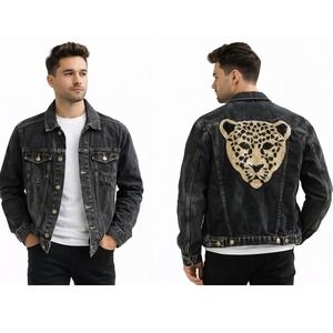 Mens Black Denim Trucker Jacket Leopard Back Patch Heavy Cotton Medium Statement
